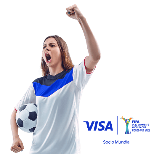 Joven emocionada por la Copa Mundial 2024 junto al logo de Visa
