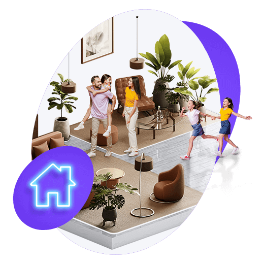 Familia feliz en su nuevo hogar, vector de casa