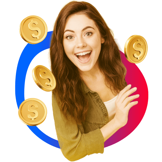 Mujer sonriendo junto a unos vectores de monedas