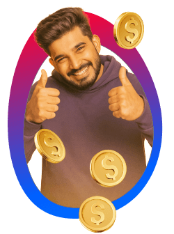 Hombre sonriendo junto a unos vectores de monedas