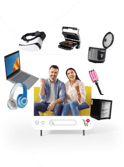 Pareja emocionada junto a vectores de un computador portátil y unos audífonos