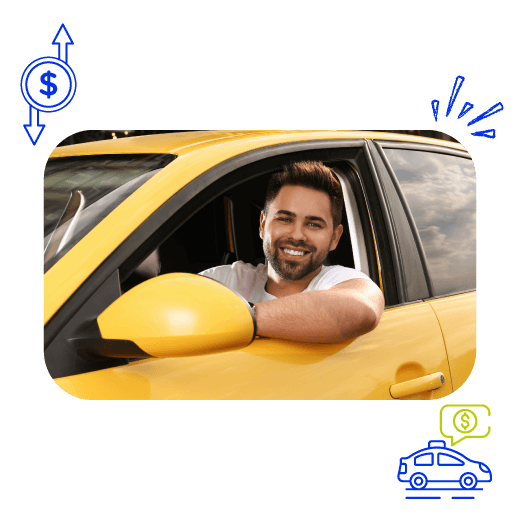 Hombre en su taxi feliz abriendo su Cuentamiga