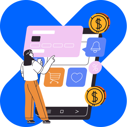 Vector de una mujer con una tarjeta frente a un celular