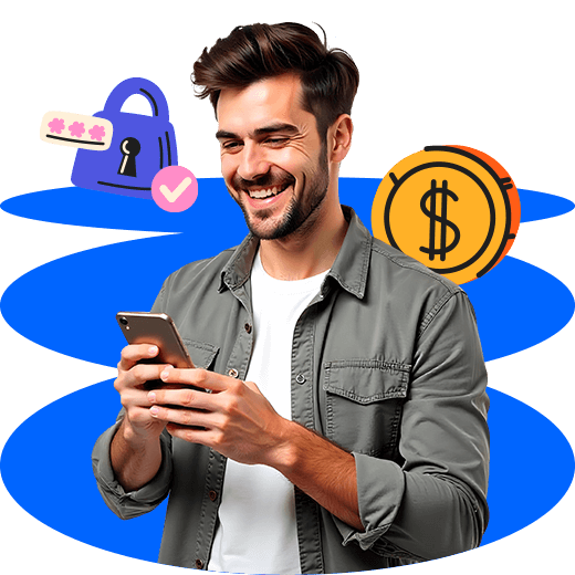 Joven empresario sonriendo con su celular en la mano