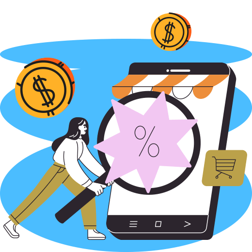 Vector de una mujer sosteniendo una lupa enfrente de un celular