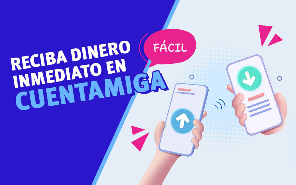 Dos personas animadas con sus celulares en la mano transfiriendo dinero