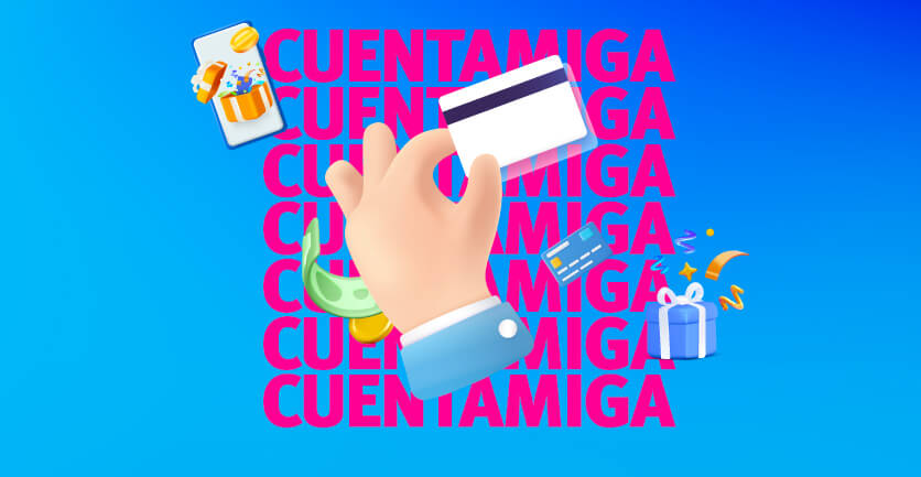 Vector de una mano con una tarjeta referente a Cuentamiga