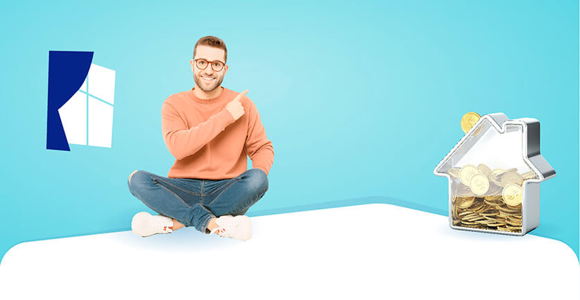 Hombre sentado en el piso junto el vector de una casa