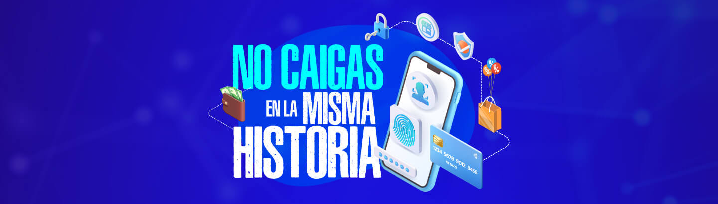 Vector de un celular junto a la frase "No caigas en la misma historia"