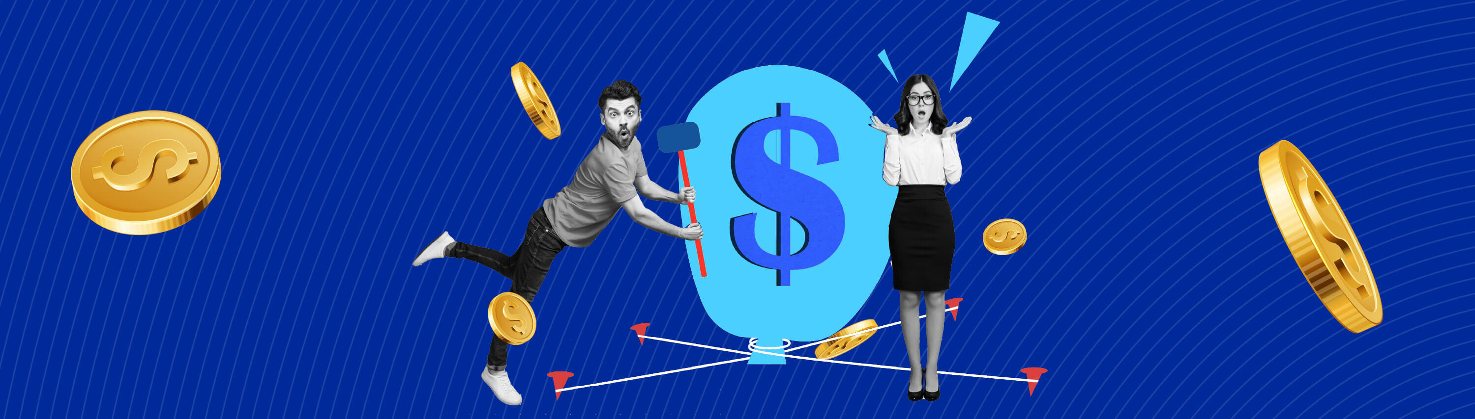 Pareja sorprendida con vectores de monedas a su alrededor