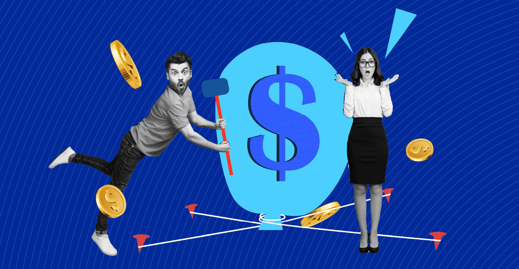 Pareja sorprendida con vectores de monedas a su alrededor