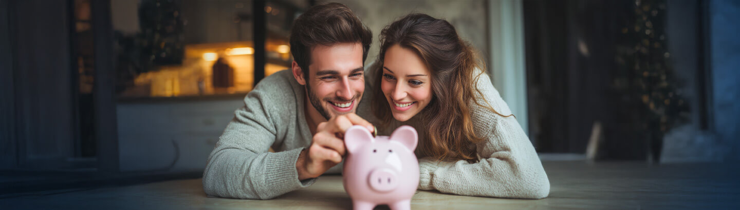Pareja feliz ahorrando en una alcancía
