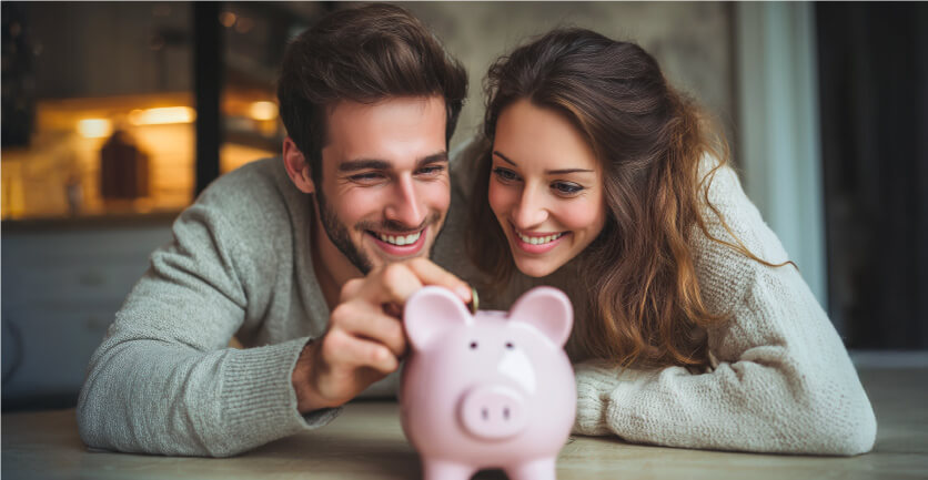 Pareja feliz ahorrando en una alcancía