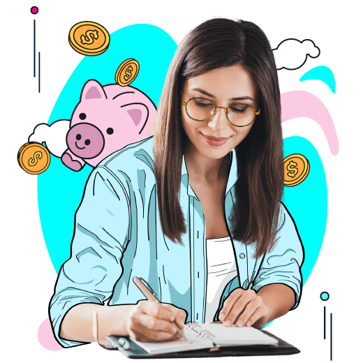 Mujer empresaria escribiendo en su cuaderno con monedas al fondo