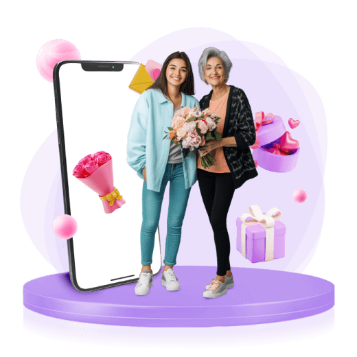 Madre e hija con un ramo de flores