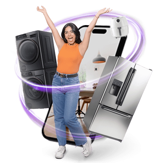 Mujer emocionada y en el fondo unos electrodomésticos