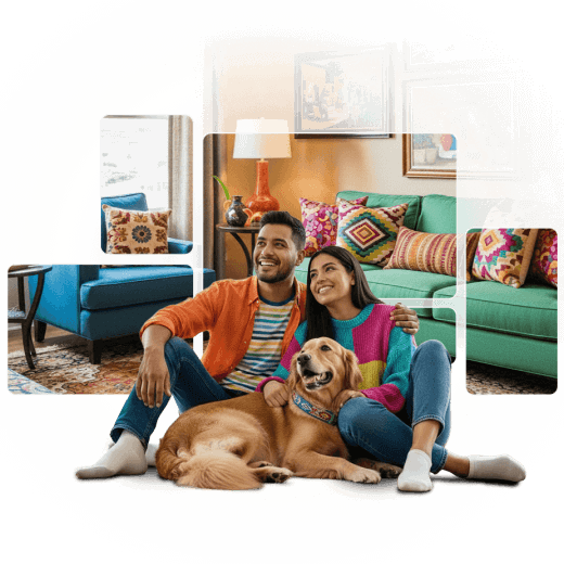 Pareja junto a su mascota disfrutando de su nuevo hogar