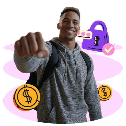 Hombre feliz con vectores de monedas alrededor