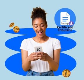 Joven mujer descargando su certificado tributario por el WhatsApp del Banco Caja Social